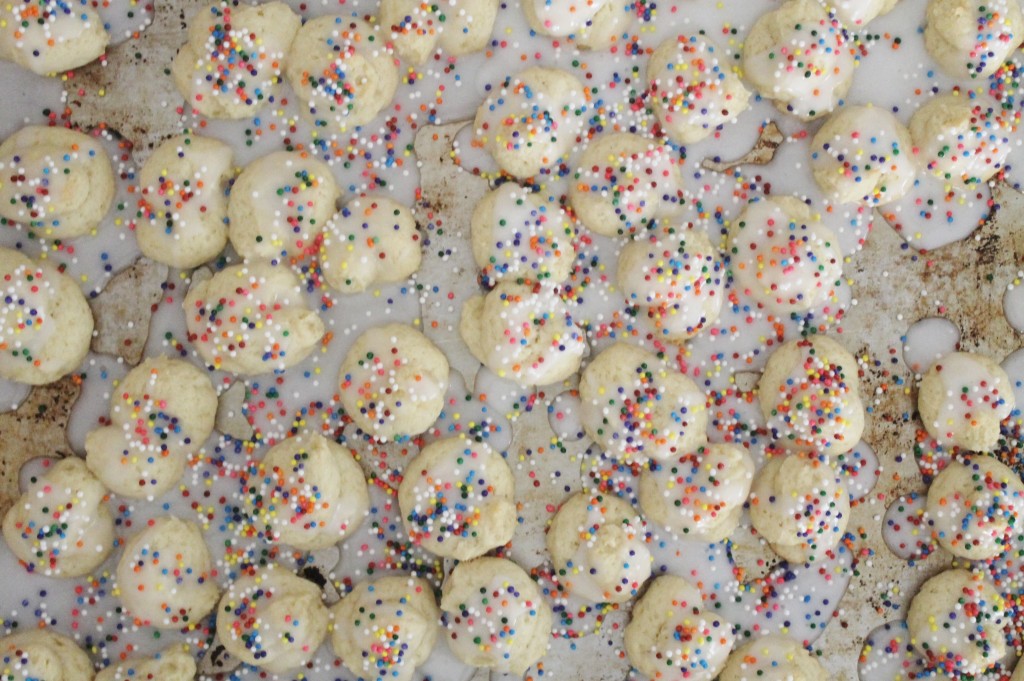 The glaze and sprinkles can be messy, so I add them once the cookies have cooled.