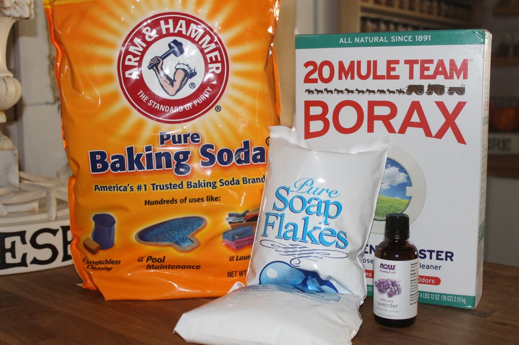 The basic items needed: Borax, Baking Soday, Soap Flakes and Essential Oil.