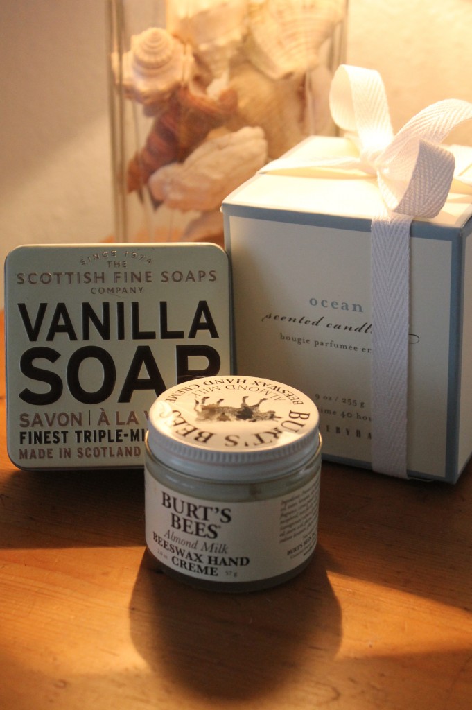 Imported Soap, Burt's Bees Balm and a lovely Ocean scented candle for pampered guests.