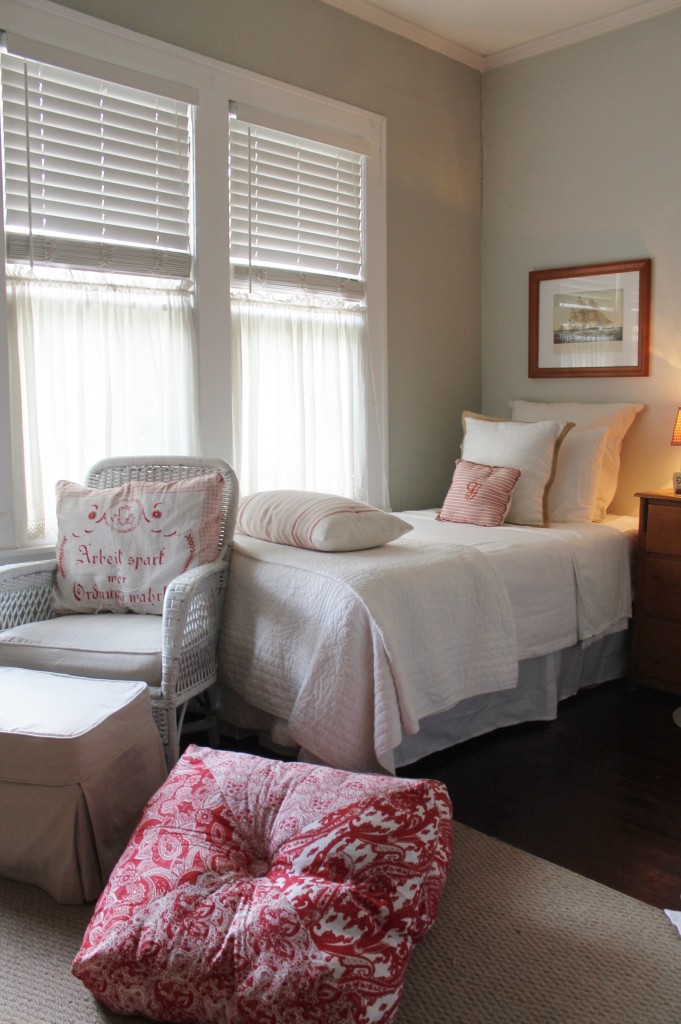 The room formerly had a single queen bed.  Now using two twin beds with white cotton sheets and a light, summer quilt for when the ceiling fan makes the room a little chilled, this room has a simple and quiet countenance.