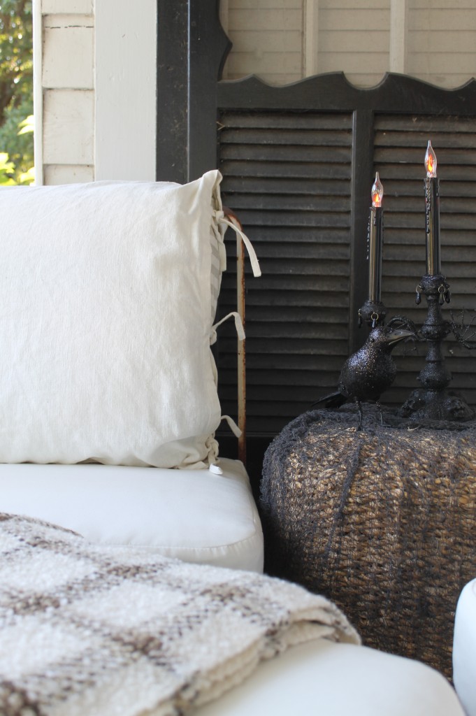 The white linen pillows from summer still work with a slight change.  This fall throw from Home Goods is a simple change with a lot of impact.