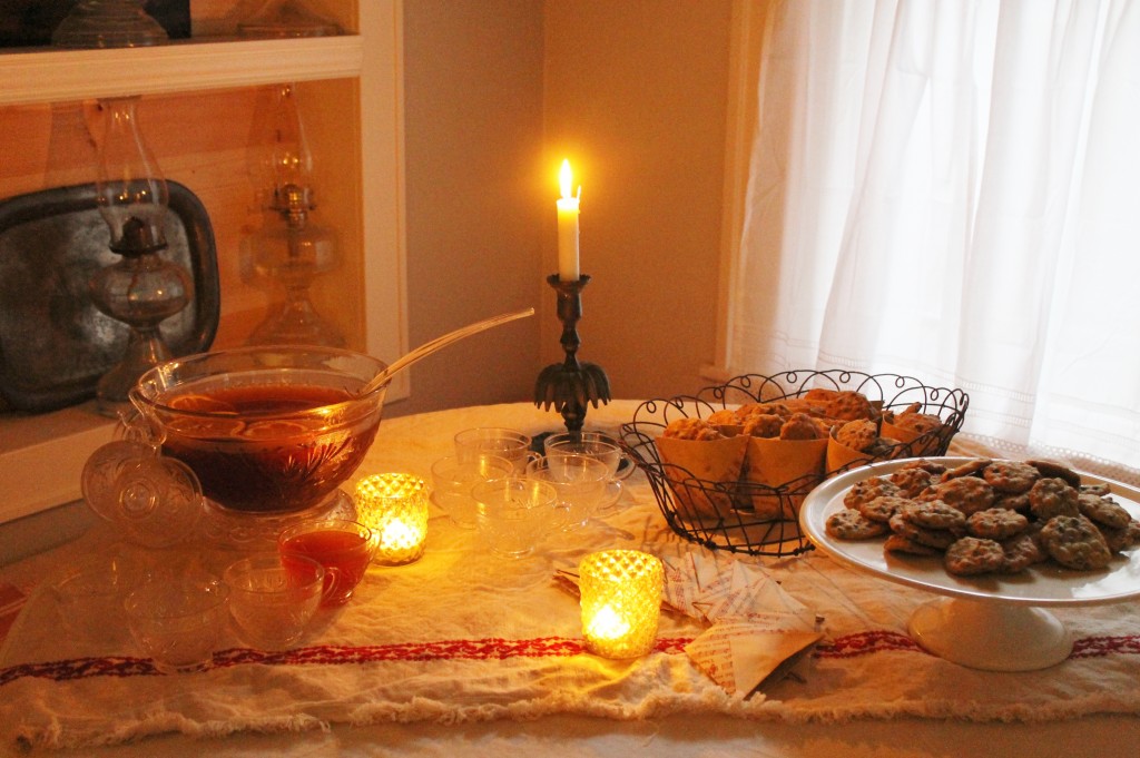 An antique candle holder adds to the ambiance.