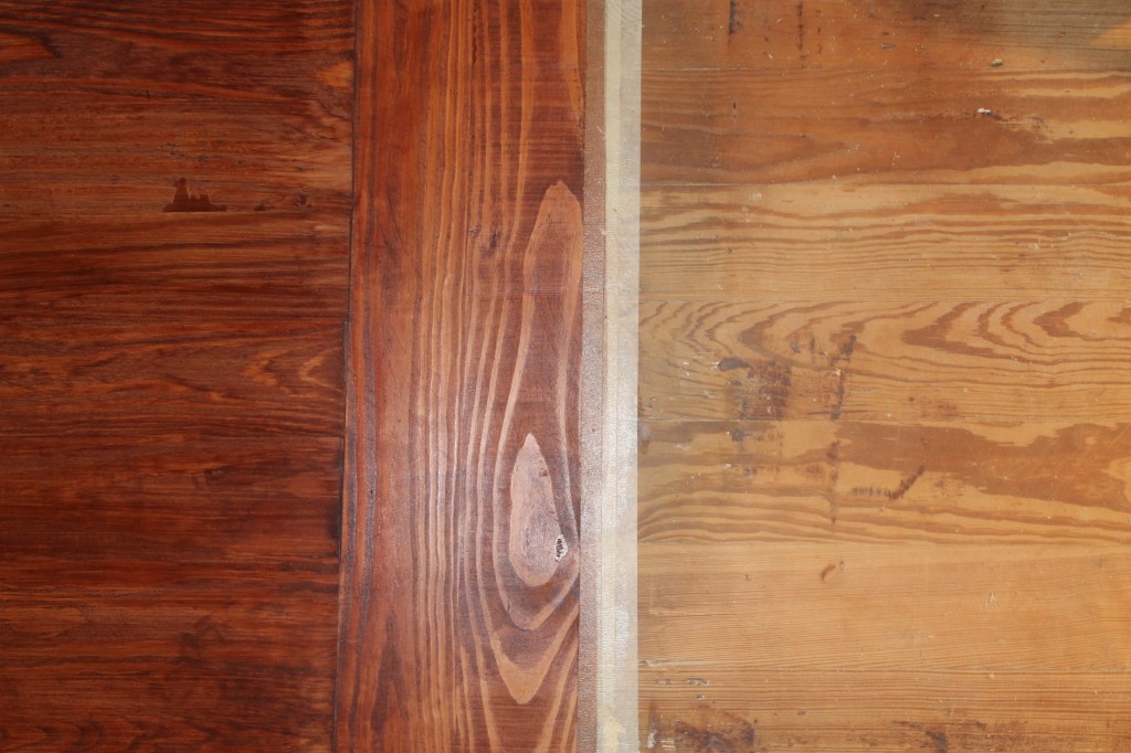 Stained new wood (left) against sanded old wood on the right.