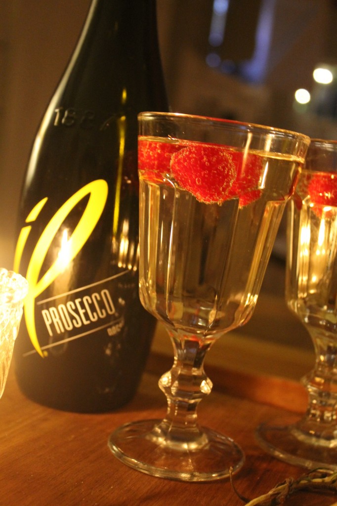 Prosecco in non traditional goblets that are less formal than champagne flutes.